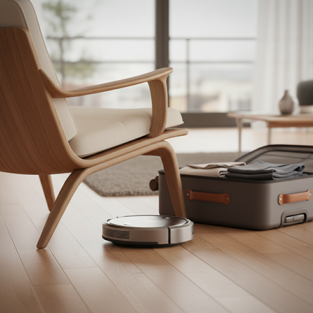 Robotstofzuiger navigeert langs meubels in een vakantiewoning