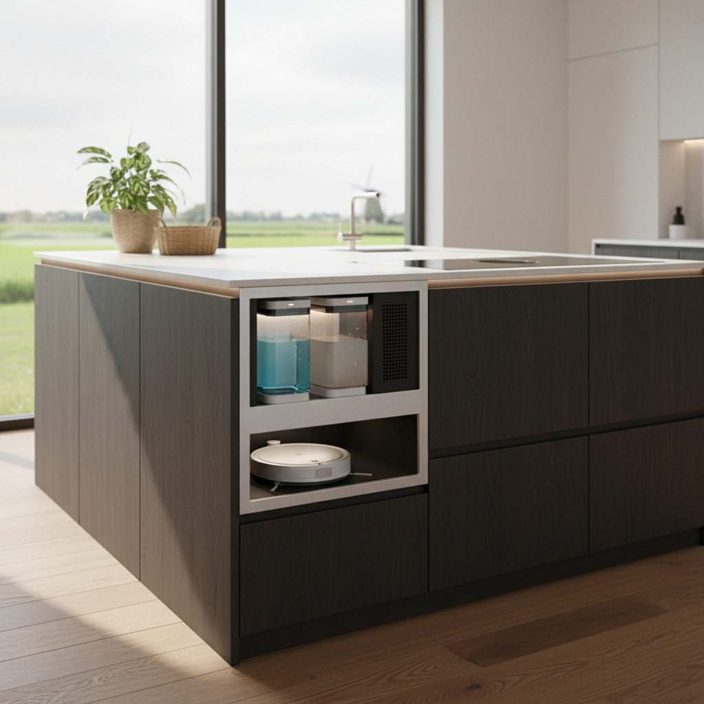 Zelfreinigend basisstation van een dweilrobot in een vakantiehuis keuken