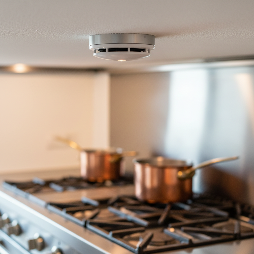 Slimme hittemelder geïnstalleerd in de keuken van een vakantiewoning voor brandveiligheid.