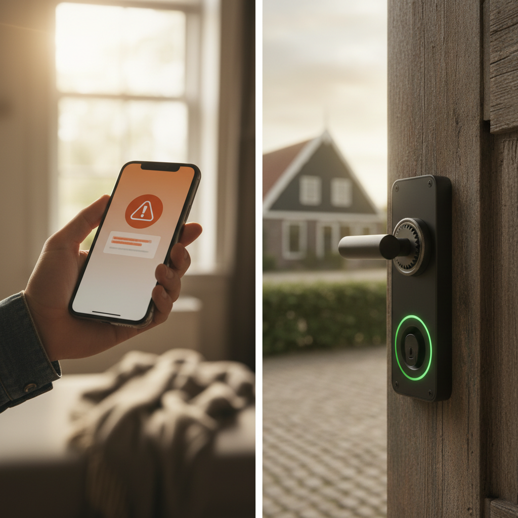 Smartphone melding van een rookmelder gekoppeld aan een slim slot dat automatisch opent bij nood.
