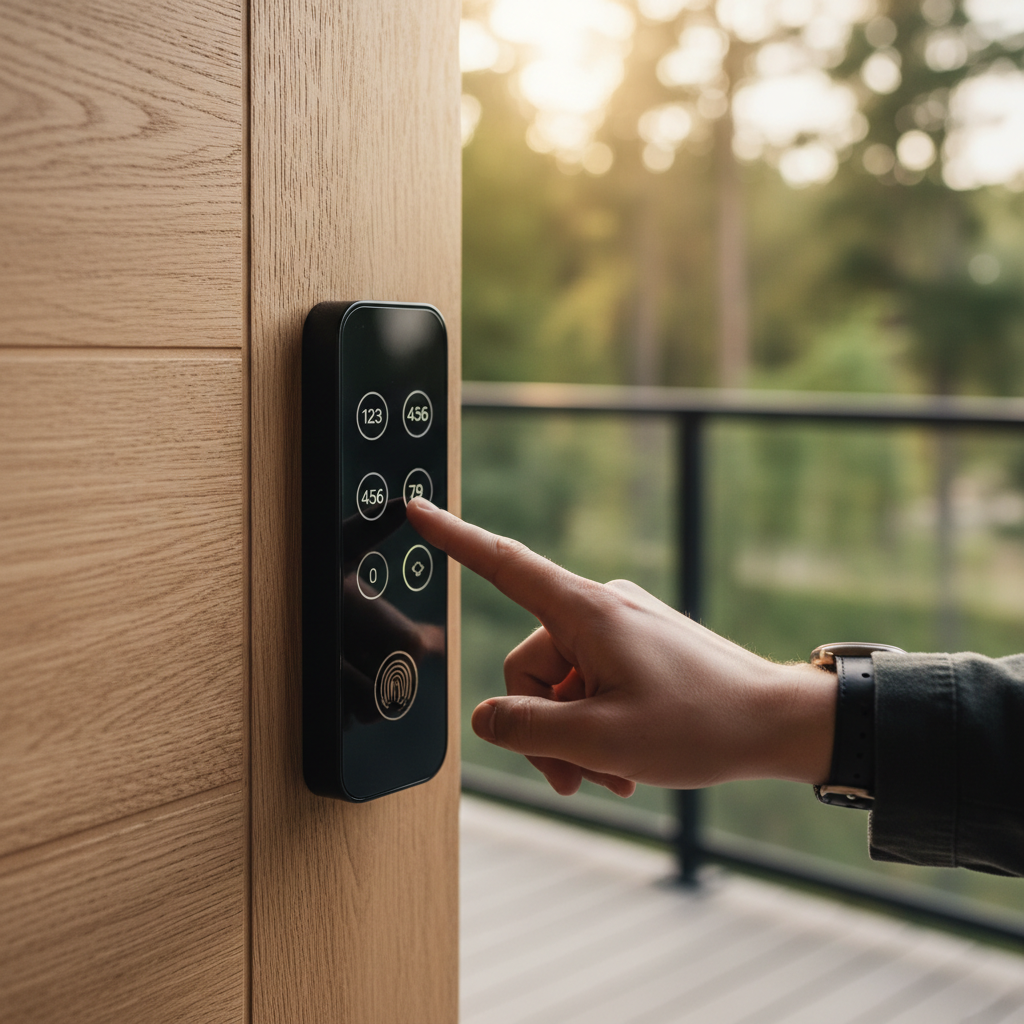 Persoon voert pincode in op slim slot van vakantiewoning voor schoonmaaktoegang.