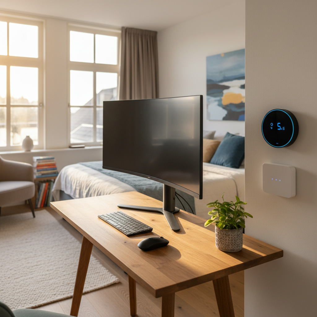 Geautomatiseerde werkplek in een vakantiehuis met slimme klimaatbeheersing.