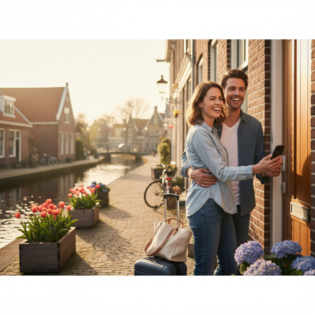 Gasten die gebruikmaken van een vroege check-in via hun smartphone bij een vakantiewoning.