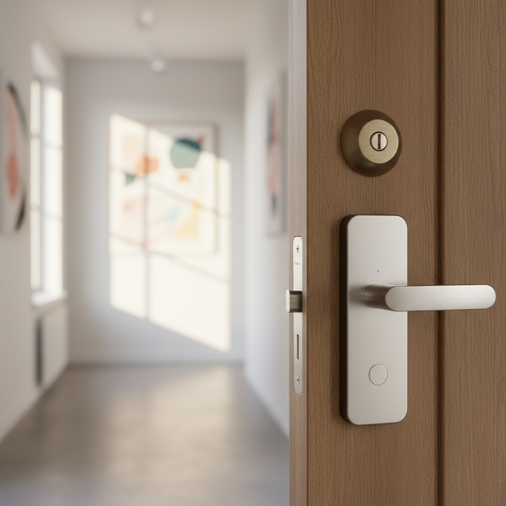 Retrofit smart lock op de binnenzijde van een appartement voordeur.