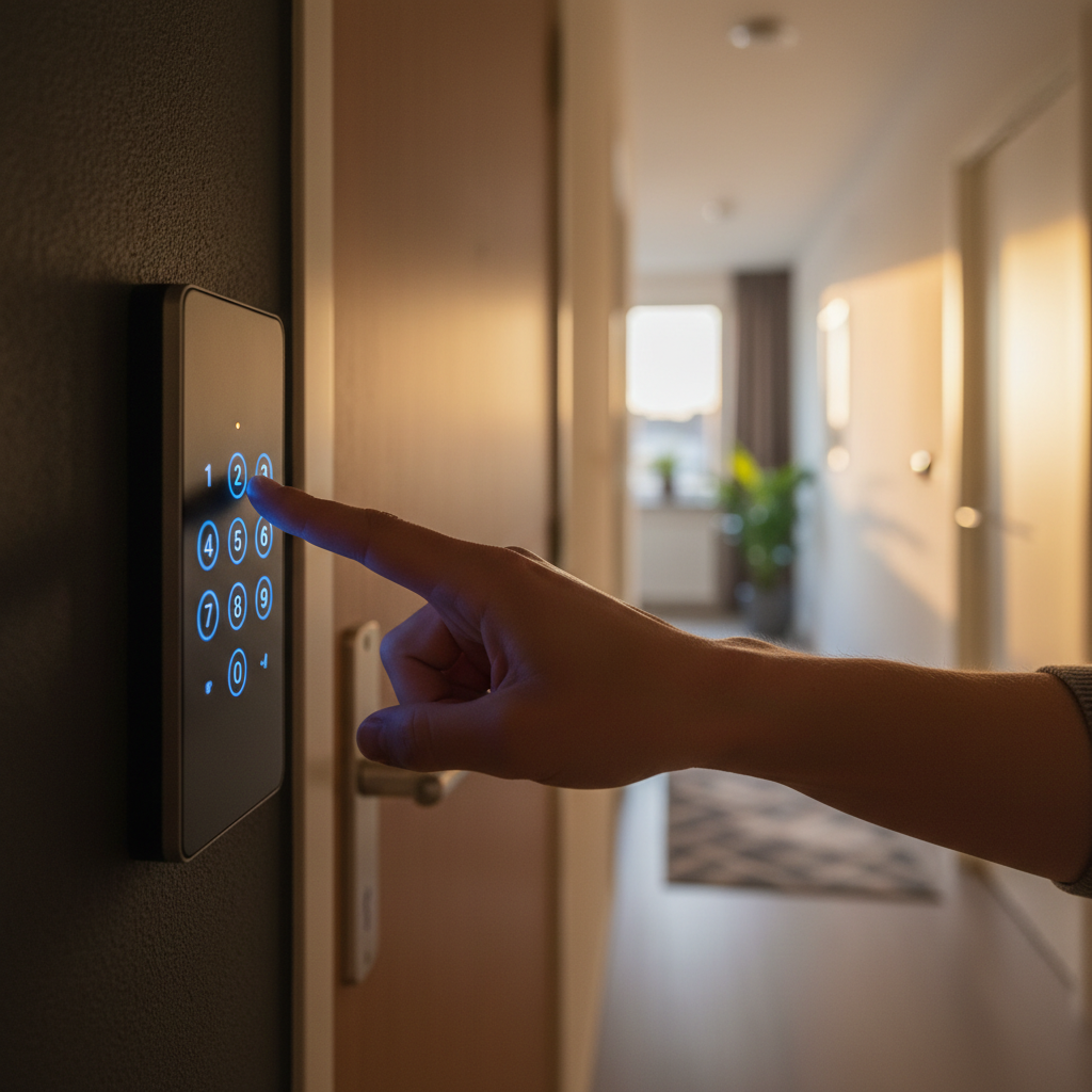 Slimme toegangscode invoeren op een keypad van een zakelijke huurwoning.