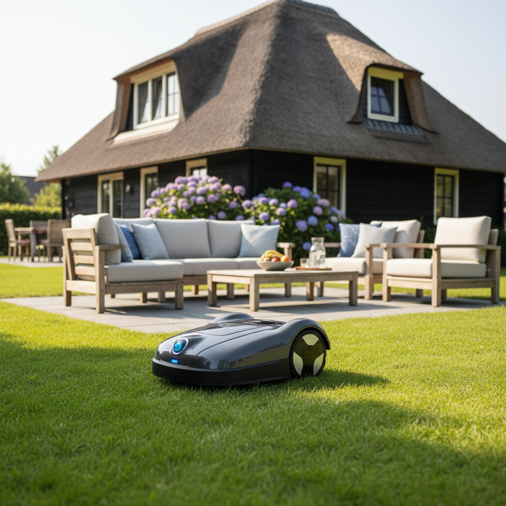Moderne robotmaaier navigeert autonoom door de tuin van een vakantiewoning.