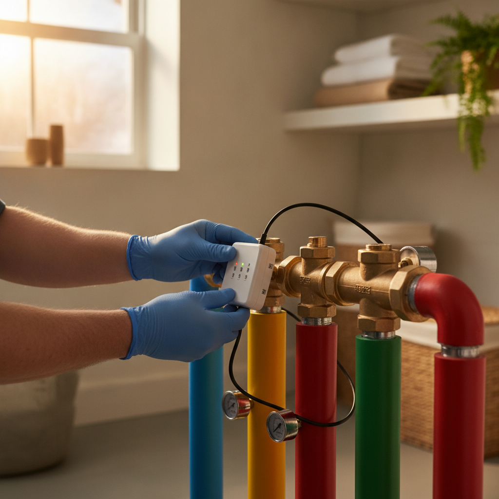 Installatie van een slimme ventielbox op de verdeler van de vloerverwarming.