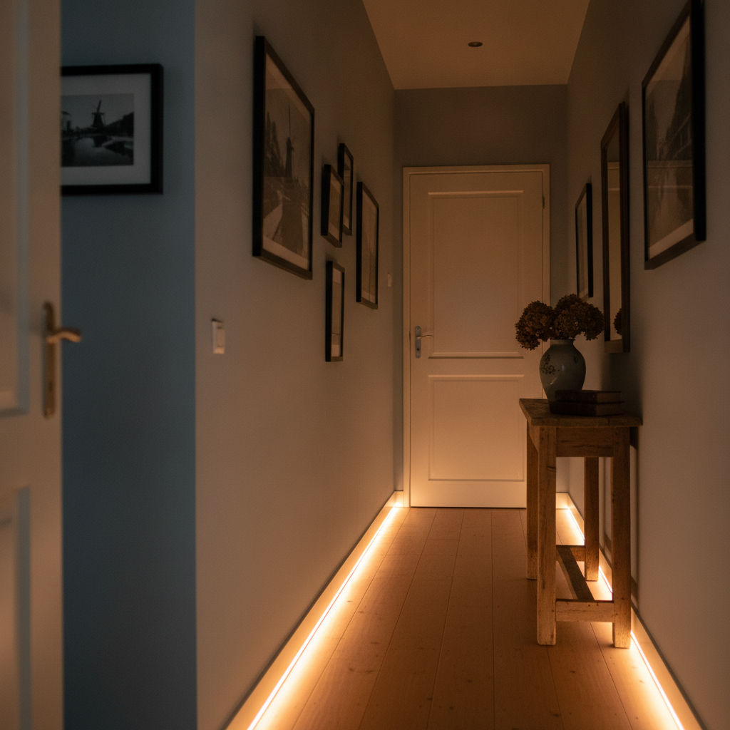 Nachtscene met gedimde vloerverlichting in een vakantiehuis voor gastcomfort