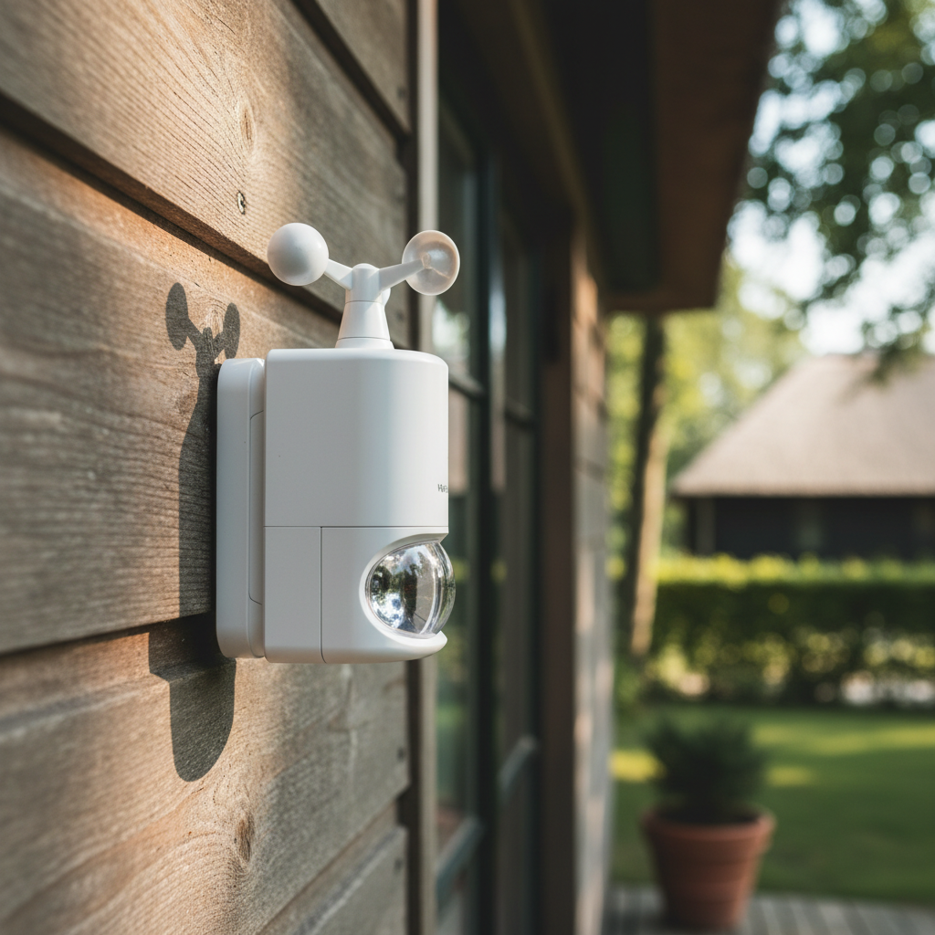 Zon- en windsensor voor het automatiseren van zonwering in een vakantiewoning.