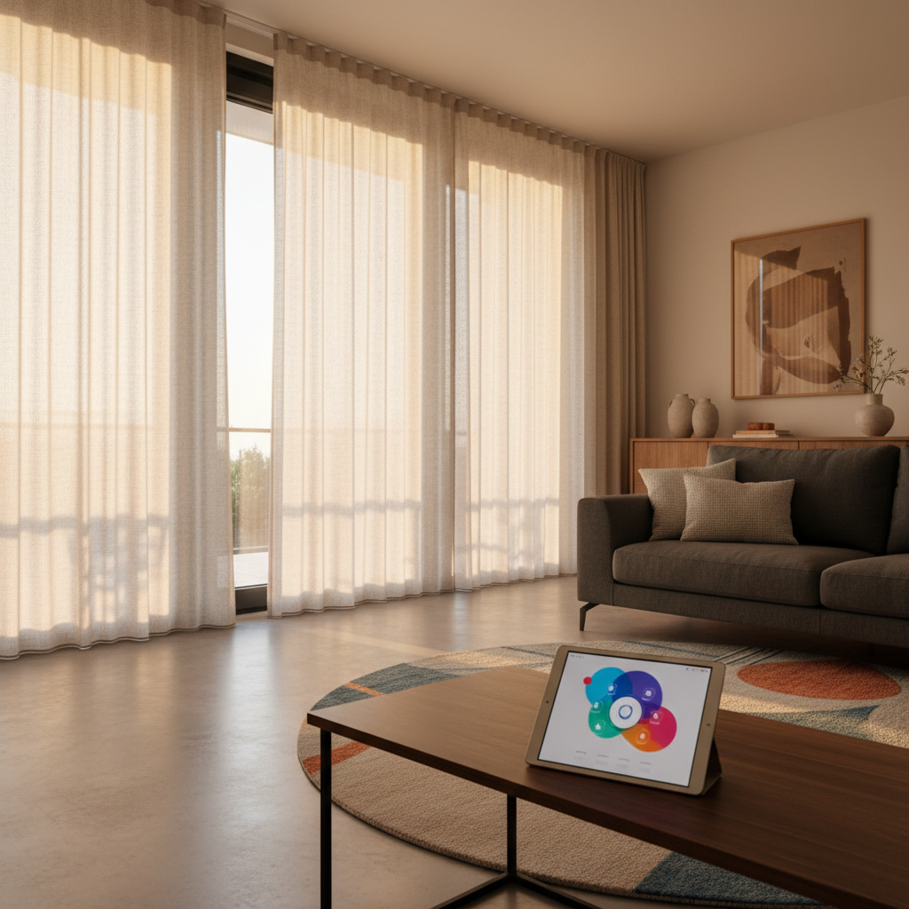 Slimme gordijnen en interieurbeheer in een luxe B&B woonkamer.